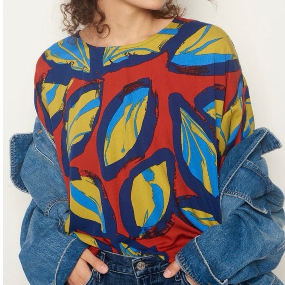 COREY LYNN CALTER Anthropologie Rhea Top Abstract Leaf Print Artsy - Sz Small